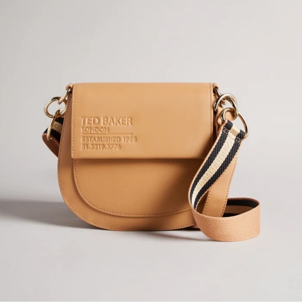Ted Baker London Tan Crossbody Saddle Bag with Striped Strap